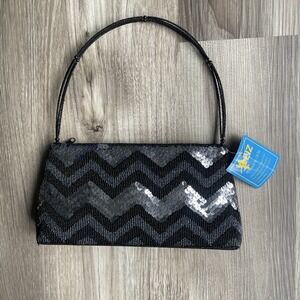 Y2K Sleeze Black Beaded Sequin Chevron Evening Bag Vintage Style NWT